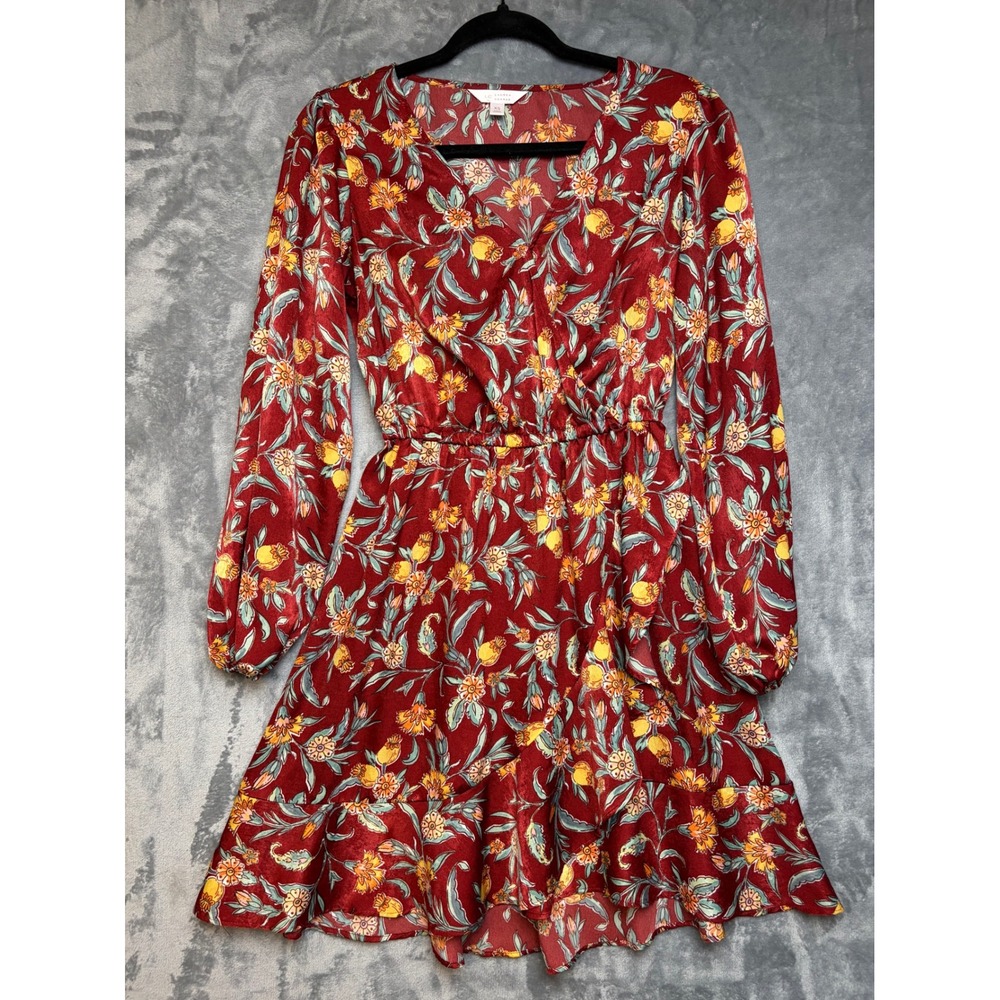 LC Lauren Conrad Red Floral Wrap Mini Dress Long Sleeve Ruffle XS